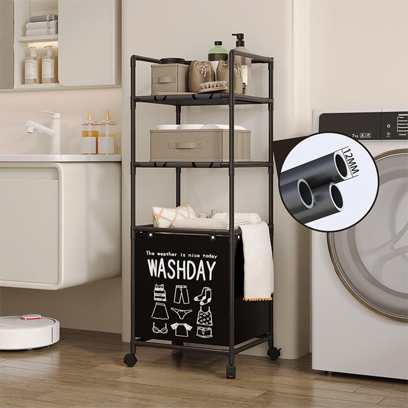 Cesto portabiancheria con ruote con ripiani rimovibili, pieghevole, struttura in metallo, cesto portaoggetti per bagno, camera da letto, cesto portabiancheria con ruote