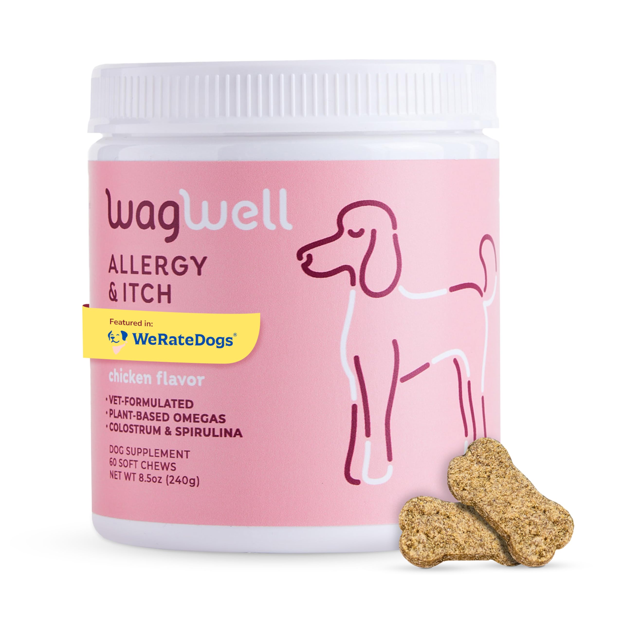 WagWell Allergy and Itch Chews – Chicken Flavored – Plant Based with Colostrum and Spirulina – Dog Skin and Coat Supplement for Itch Relief and Digestive Health, 60 Chews