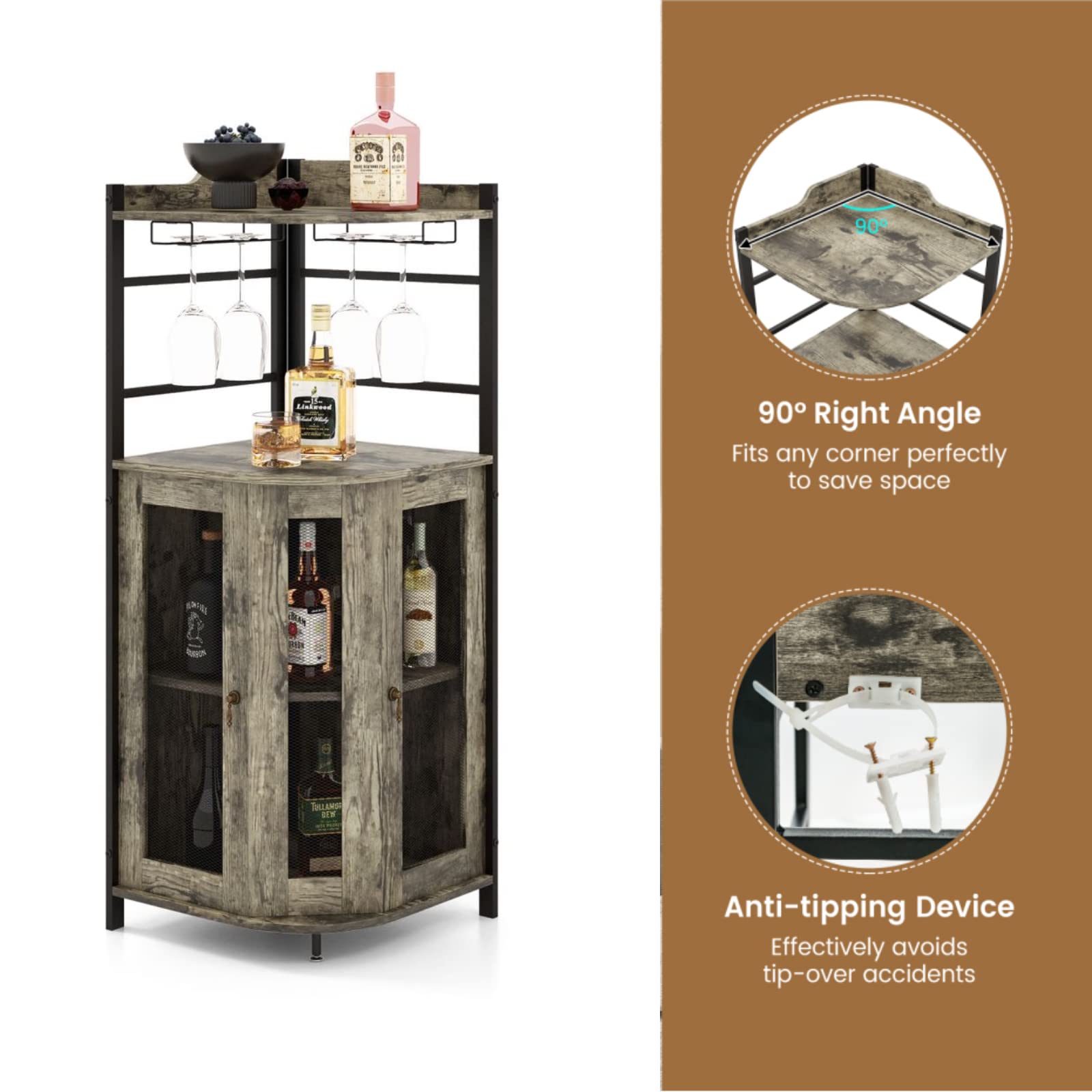 GiantexUK Armadietto angolare da bar, industriale con supporti in vetro