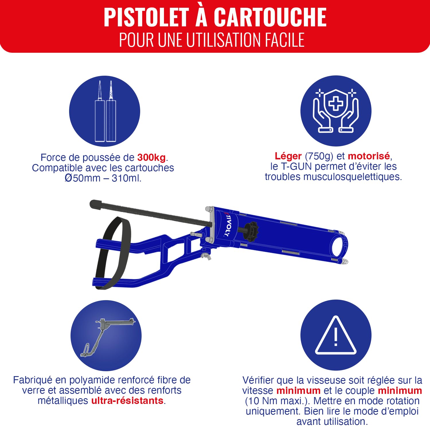 TIVOLY - Pistolet à Cartouche T-Gun F300 - Adaptable sur Perceuse et Visseuse - Pour Cartouches Ø 50 mm/310 ml