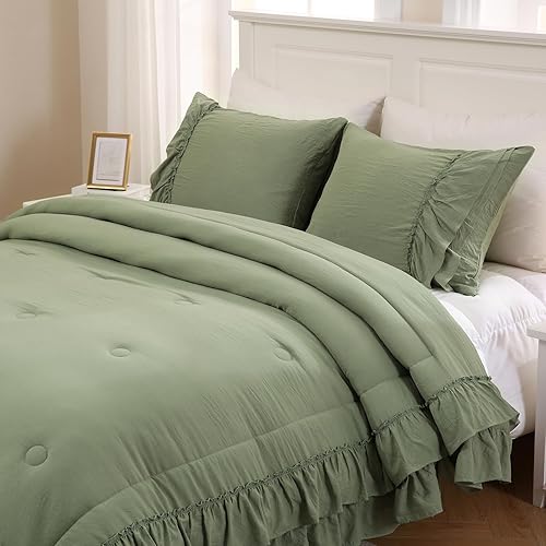 Miniatura 9 de Juego de edredón bohemio tamaño Queen con diseño de granja, estilo shabby chic de 2 capas con volantes, decoración de volantes de microfibra lavada