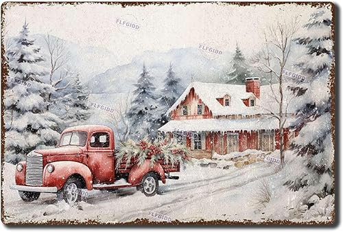 Letrero de aluminio para árbol de Navidad, camión rojo, para invierno, vintage, para baño, jardín, retro, tienda, cafetería, 8.00 x 12.00 pulgadas