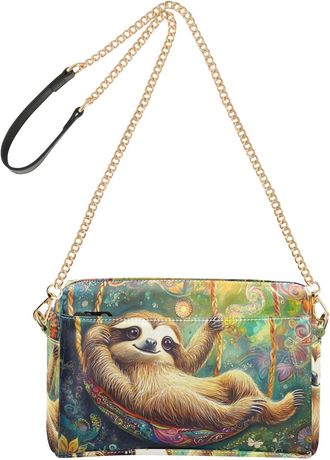 Women Crossbody Bag Shoulder Handbag Cellphone Purse PU Leather Metal Chain Strap Water Resistant Zipper Closure Fantastic Sloth Print