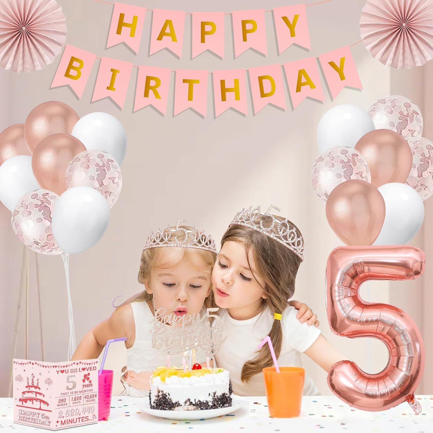 5th Birthday Decorations for Girls,32PCS 5 year old Birthday Party Decorations,Including Backdrop, Crown, Sash, banner, Hanging Swirl,Cake Topper,Paper Fans,balloons and Anniversary Card