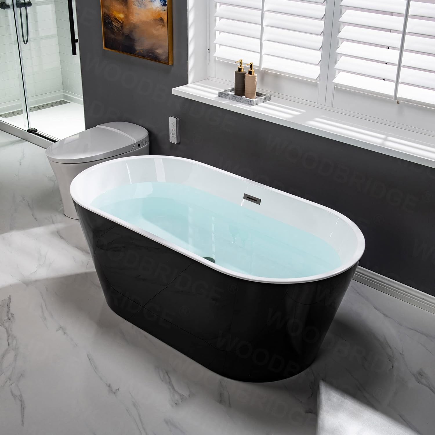 WOODBRIDGE 59" Acrylic Freestanding Bathtub Contemporary Soaking Black Tub with Matte Black Overflow and Drain，B1814-MB