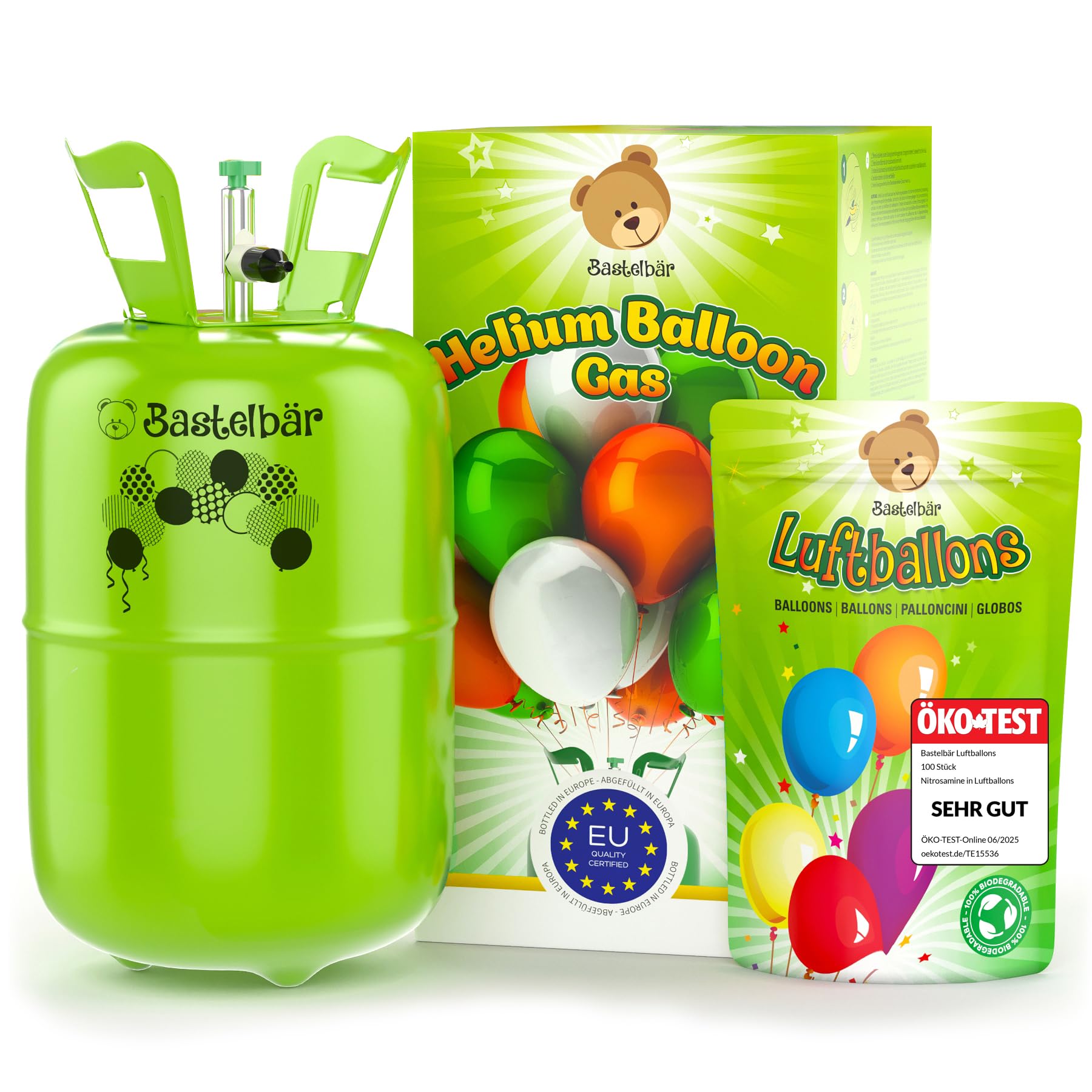 Bastelbär Helium Gasflasche + Ballon-Set | Helium Balloon Gas, 420 l, 100 EU-Latexballons, ÖKO-TEST Sehr Gut