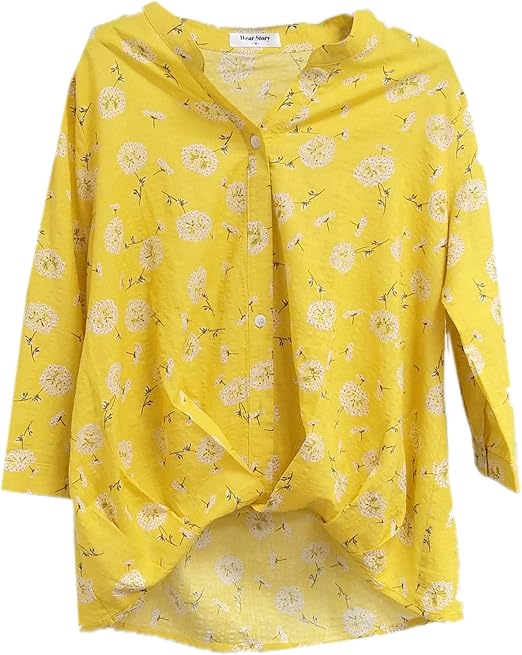 Amazon Co Jp Jun Mu ブラウス レディース 花柄 シャツ プリント小花柄シャツ 綿 七分袖 カジュアシャツ ル ゆったり 着やせ トップス 春 夏 秋 イエロー ライトブルー M L 服 ファッション小物