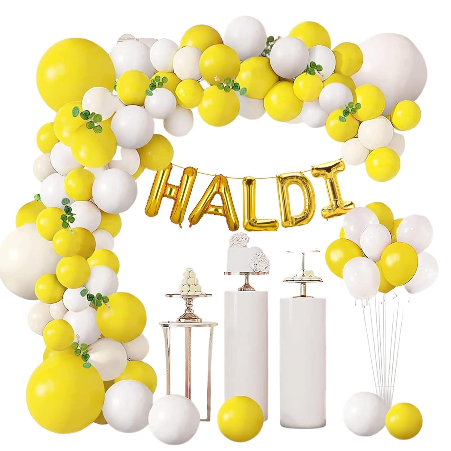 CELEBRATE IT Haldi Ceremony Decoration Pack - Foil Haldi, Green Leaves, Hooks, Balloon Arch, 25 Yellow Balloons, 25 White Balloons