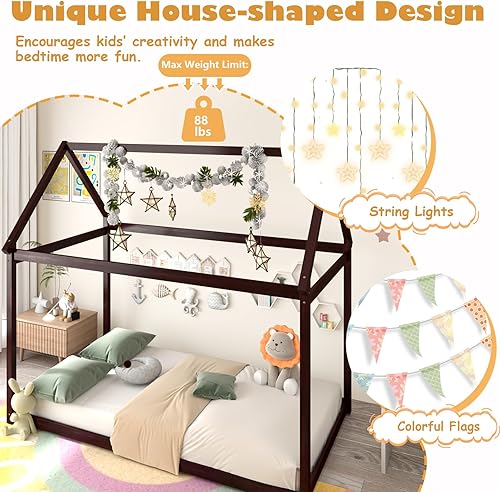 Miniatura 14 de KOMFOTT Marco de cama individual para niños, plataforma de madera maciza para niños con techo y múltiples listones, marco de cama para niños