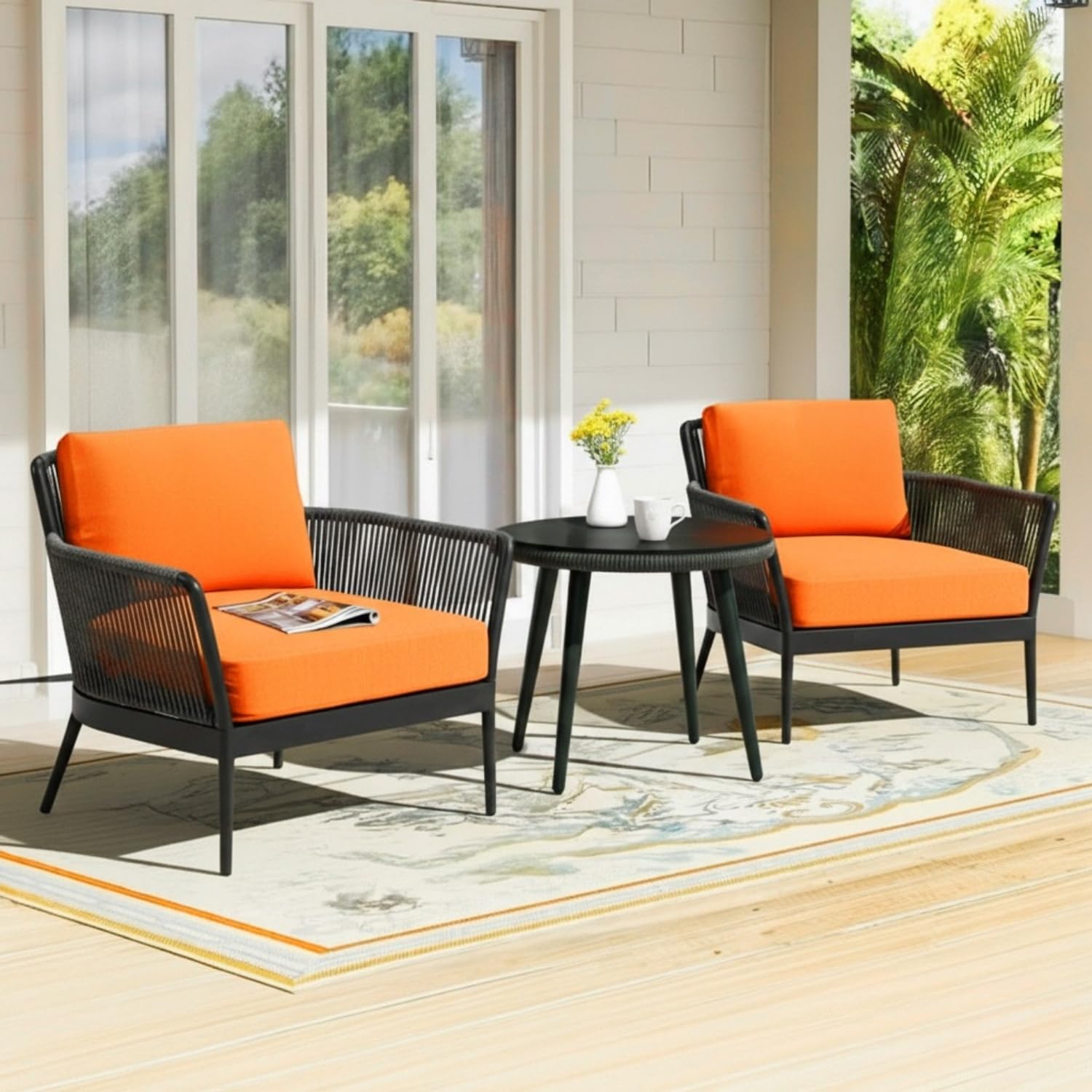 DEVOKO Fabric Enhance Your Outdoor Living With Our 3 Piece Patio Set - Grey Rope Bistro Furniture With Orange Cushions, Ideal For Balcony, Backyard, Or Porch Provides Durability & Style