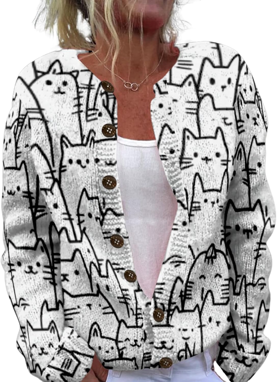 Cat Sweaters for Women Cute Button Up Cardigan Oversized 2024 Fall Fashion Crewneck Dressy Trendy Tunic Sweater