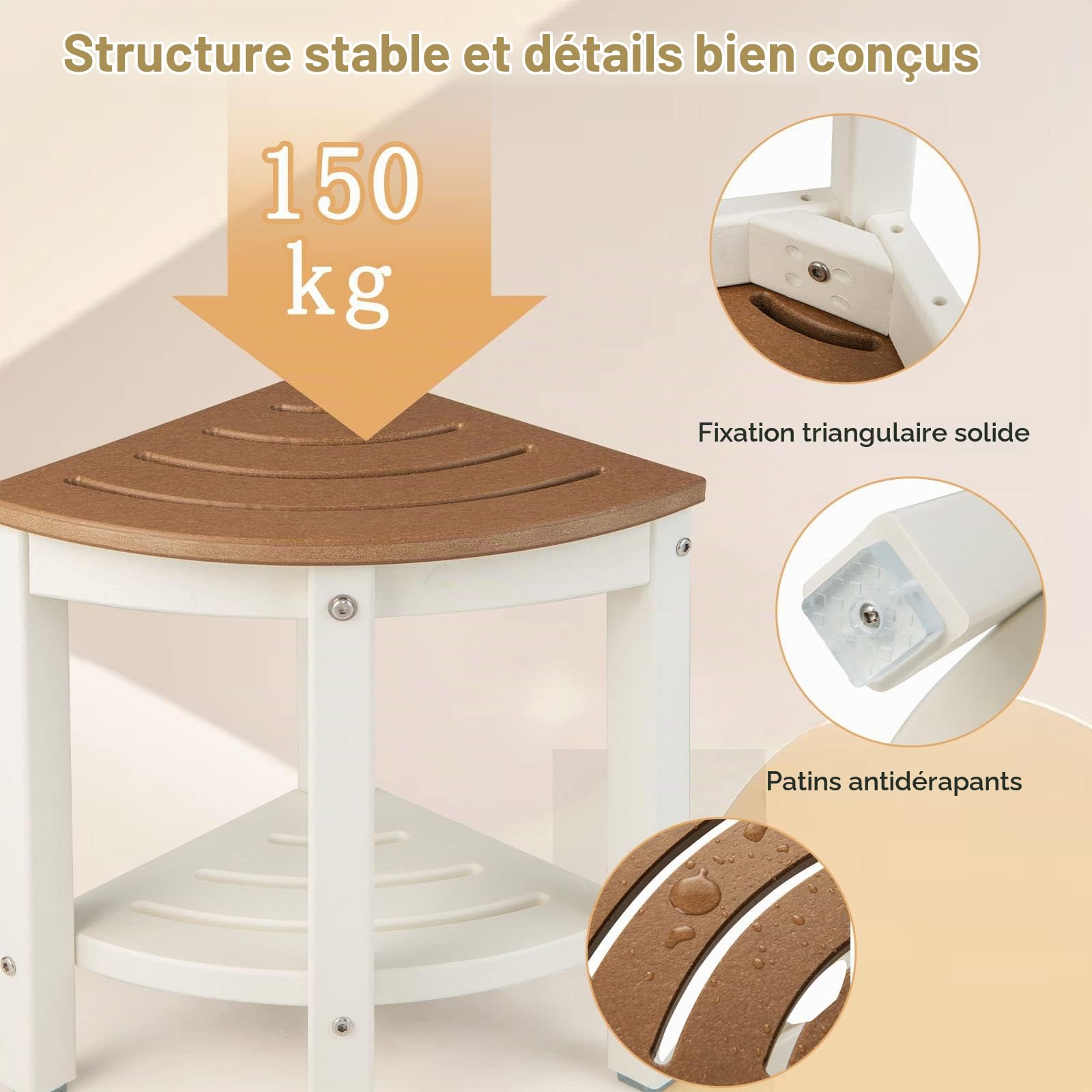 LIFEZEAL Tabouret de Salle de Bain à 2 Niveaux, Banc de Douche Solide en HDPE Jusqu’à 150 kg, Tabouret de Douche avec étagère de Rangement pour Adultes, Seniors, (Blanc+Café)