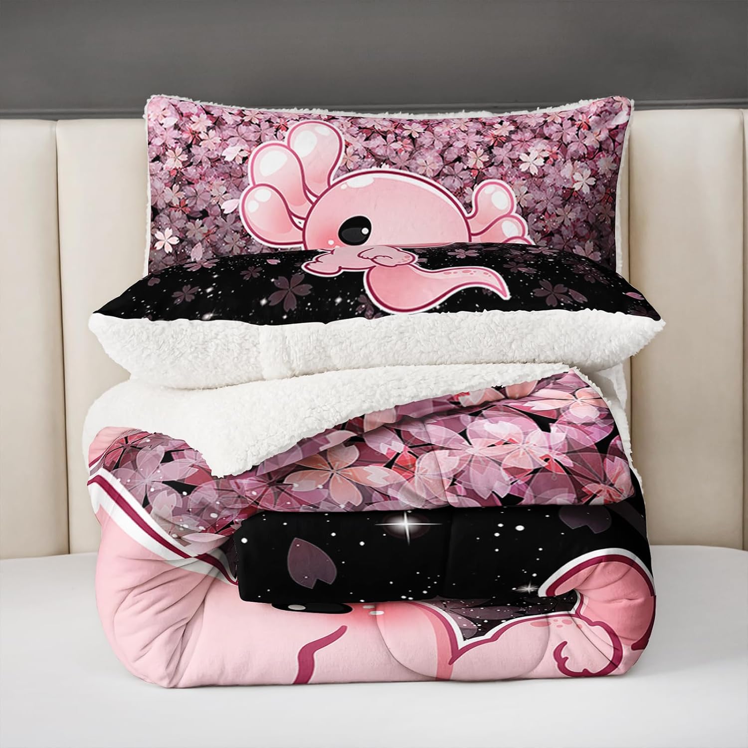QOOMO Cartoon Axolotl Sherpa Fleece Comforter Set Girls Kawaii Bedding Set Full/Queen Size for Kids Teens Cute Cherry Blossoms Bedding Design 3 Piece with 1 Comforter 2 Pillowcases - Image 8