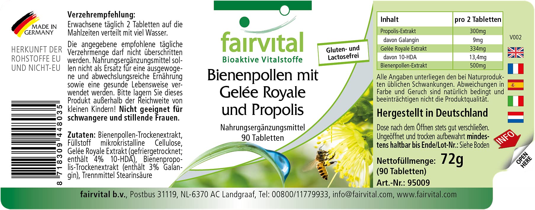 fairvital Pollen d'api con pappa reale e propoli, 90 compresse, ALTO DOSAGGIO