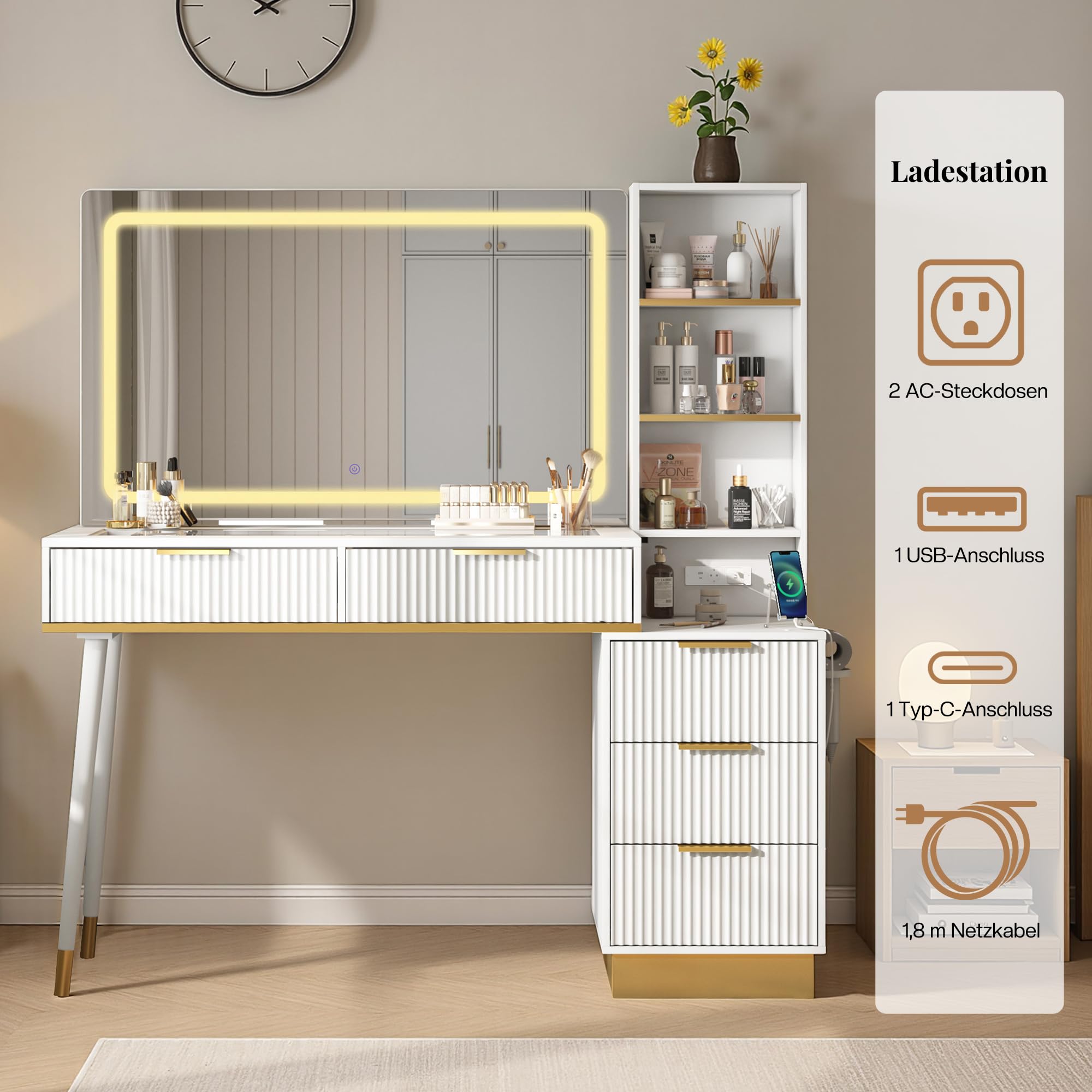 LUXOAK Großer Schminktisch mit LED-Spiegel und USB-Anschluss, 5 Schubladen, Glasplatte, Breites Design 122×40×137 cm, Stabil & Pflegeleicht, Ideal für Schlafzimmer