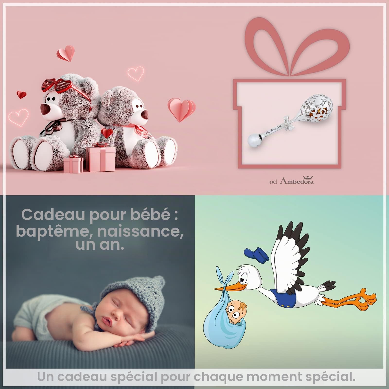 Hochet pour bébé garçon ou fille en argent sterling 925 brillant, hochet de cigogne en argent avec gravure, cadeau d'anniversaire