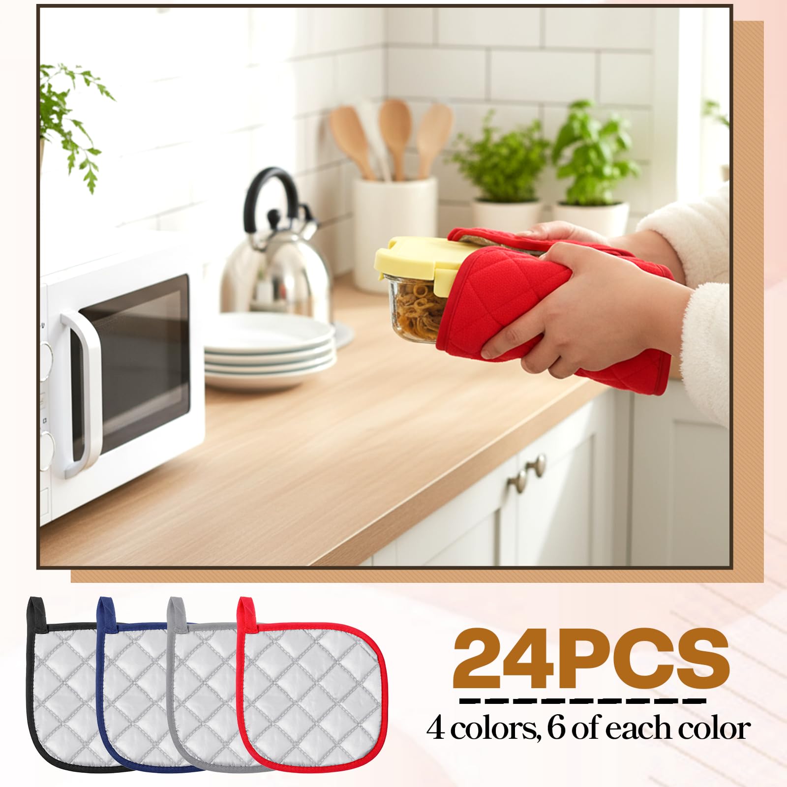 SHENLIU 24 presine in cotone per cucina, 17,8 x 17,8 cm, resistenti al calore, 4 colori, lavabili con passanti per appenderli, per cucinare in forno, nero, grigio, blu, rosso