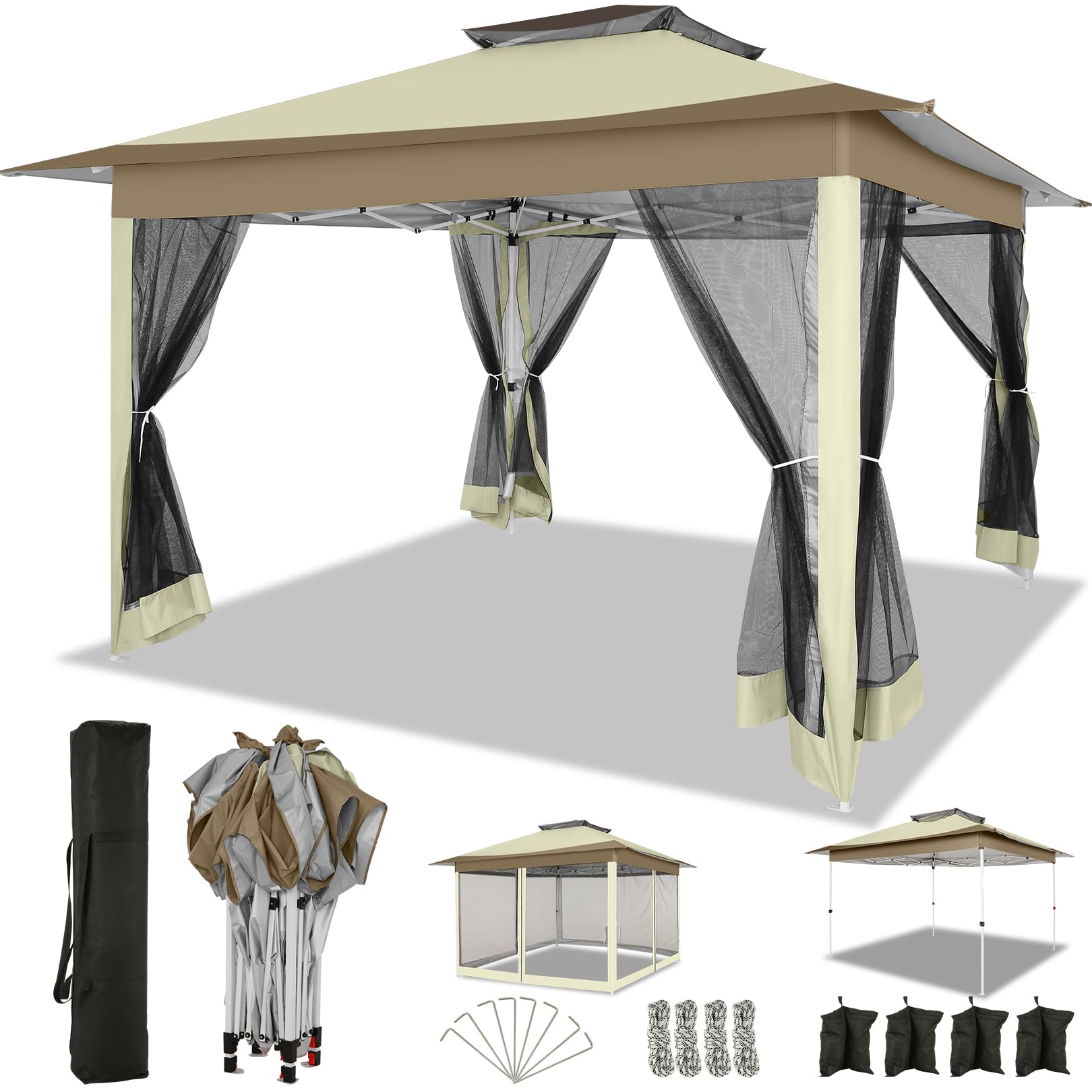 COBIZI Clearance Khaki Pop Up Gazebo Outdoor Tent with Mosquito Netting & Sandbags, Patio Gazebo for Garden Backyard & L