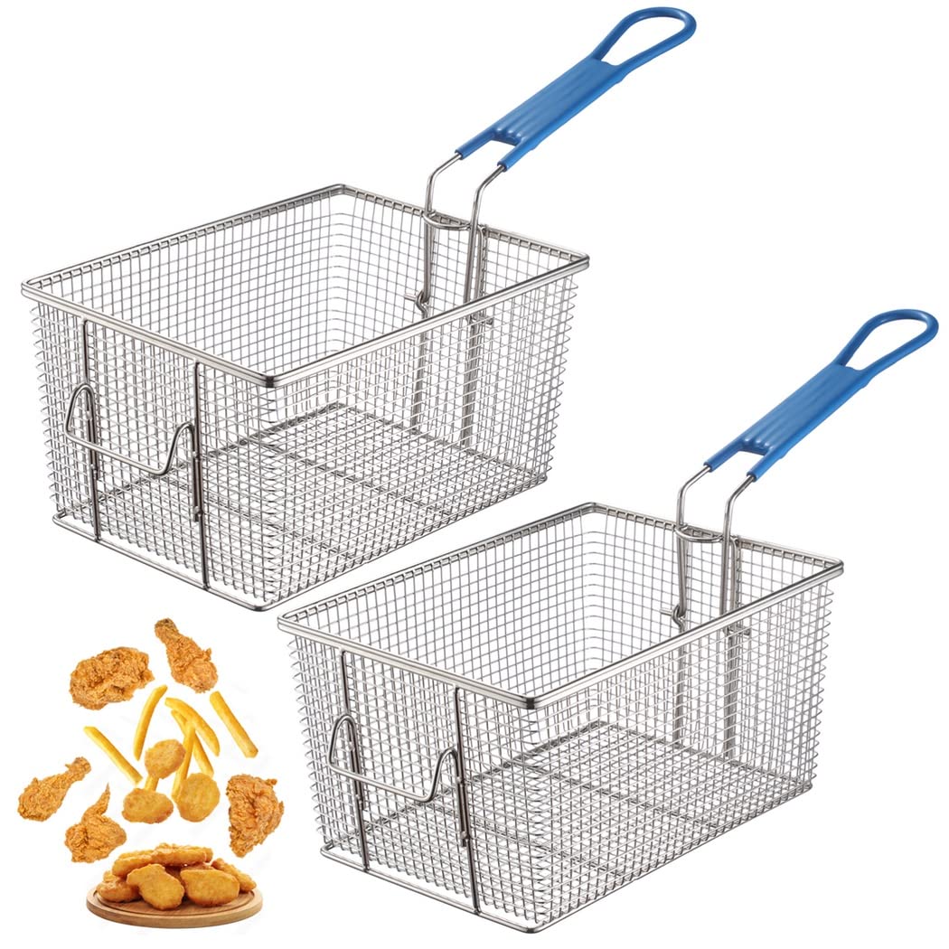 Lot de 2 paniers à friteuse avec poignée antidérapante, passoire carrée en acier inoxydable pour cuisine et usage commercial