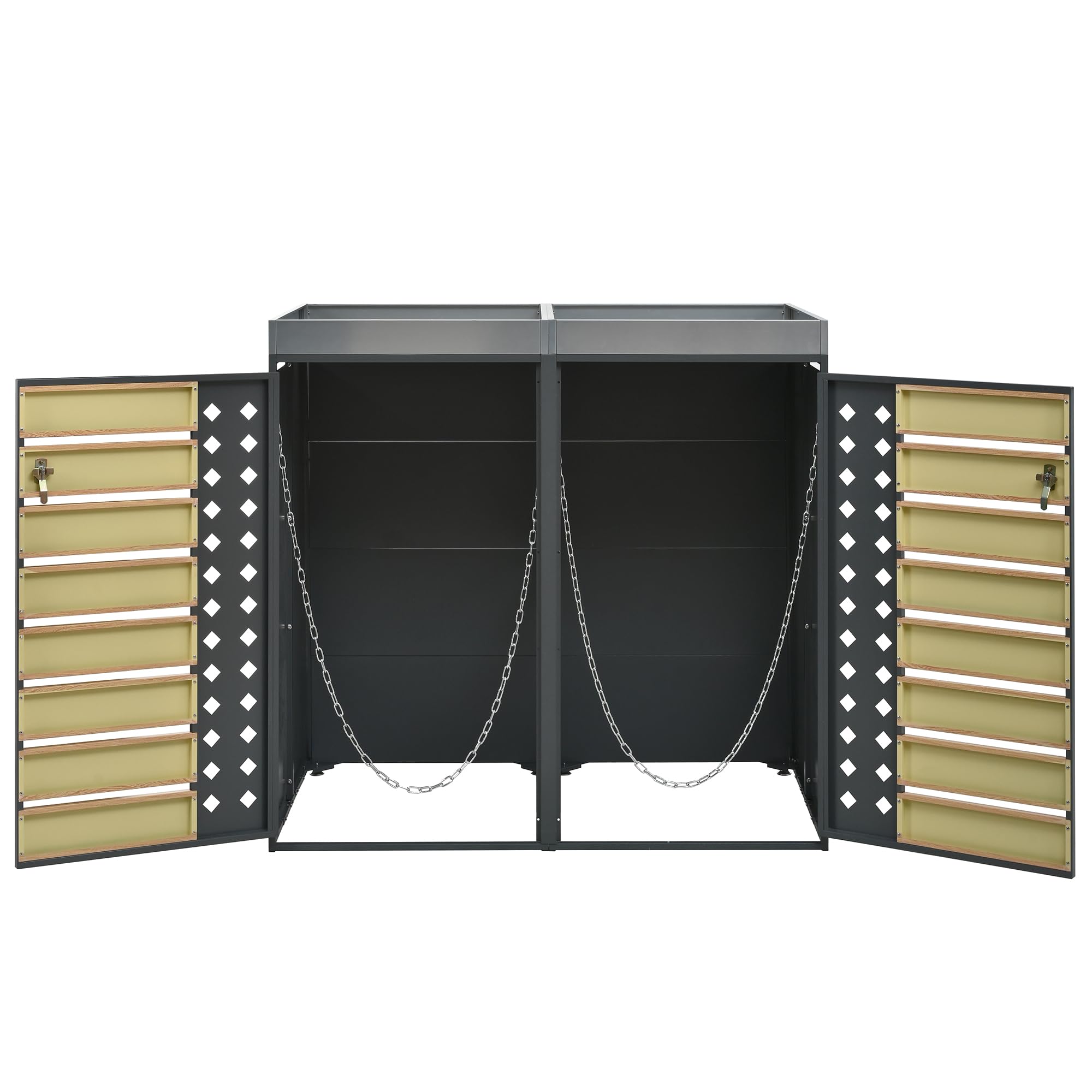 Abri pour poubelles, Panneaux à Grain de Bois horizontaux, Compartiments de Rangement pour poubelles, verrouillable, Deux Portes, Espace pour Plantes, Panneau alvéolaire en Forme de Losange (1)