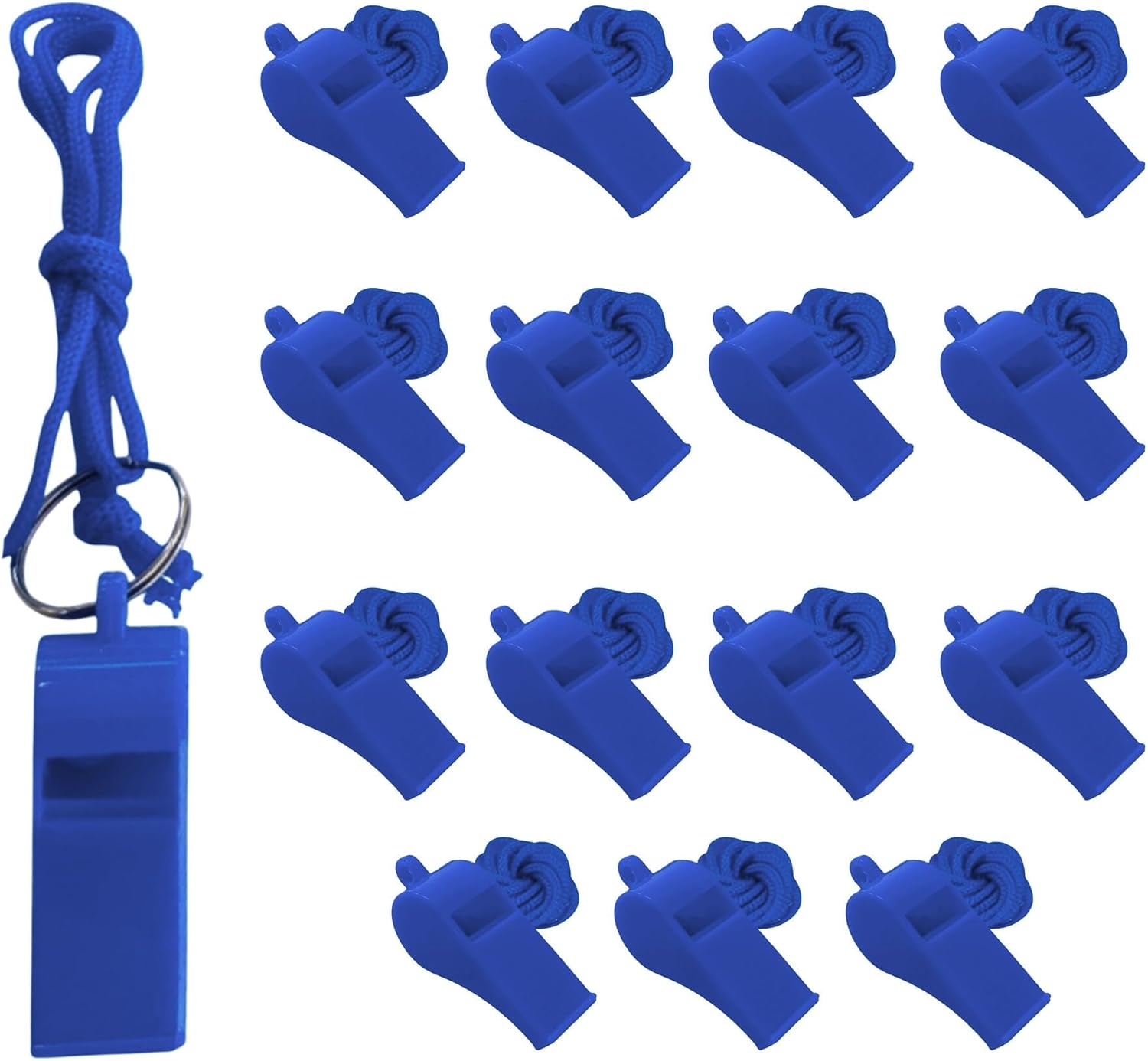 Pack of 100 Blue Plastic Whistles with Lanyard Neck Cord