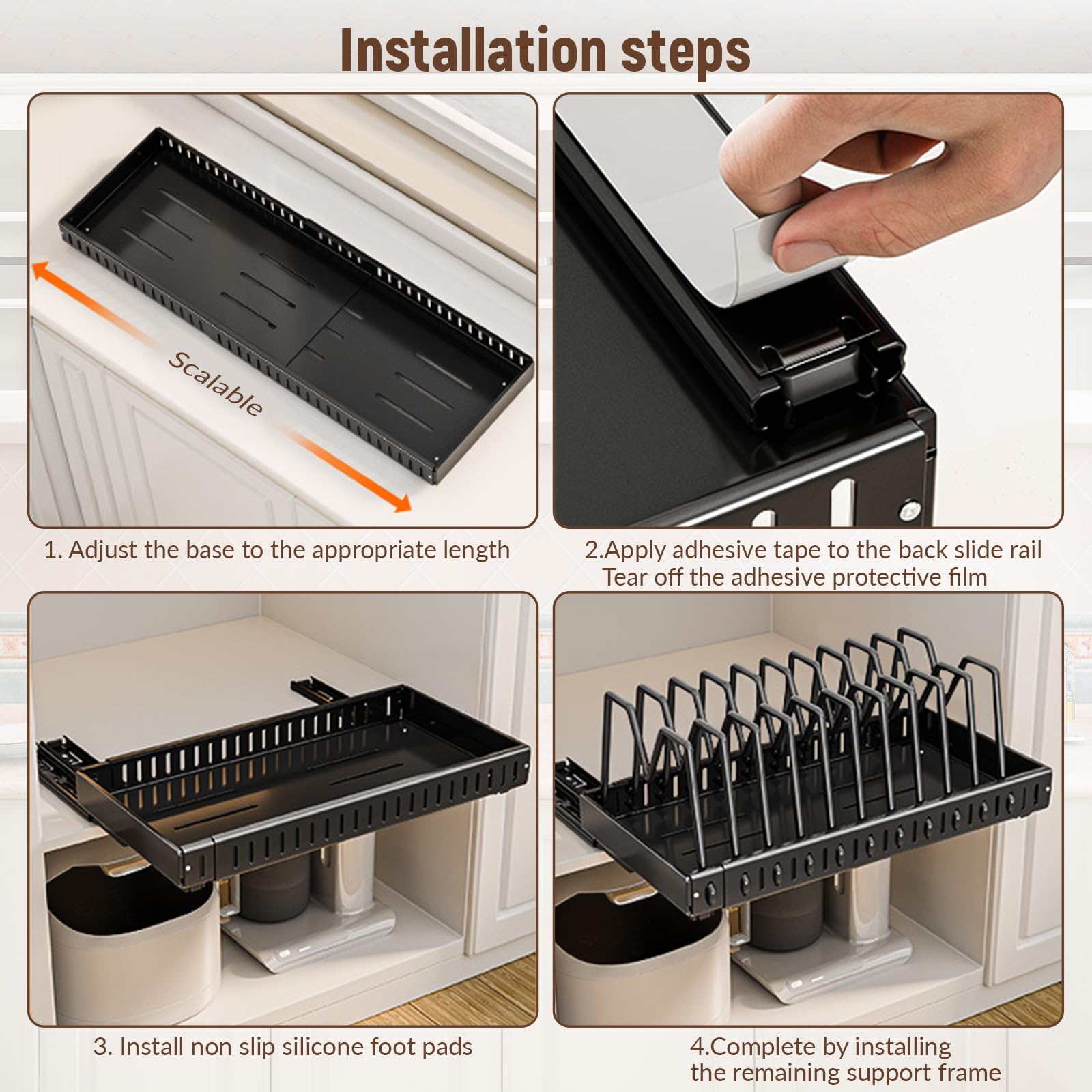 Upgrade Deckelregal für Topfdeckel – erweiterbarer Pfannen-Organizer für Schrank, Topfdeckel-Halter mit verstellbarem Fach für Küchenschrank, Kochgeschirr, Backen, Bratrost (schwarz, (43,5 bis 78) x