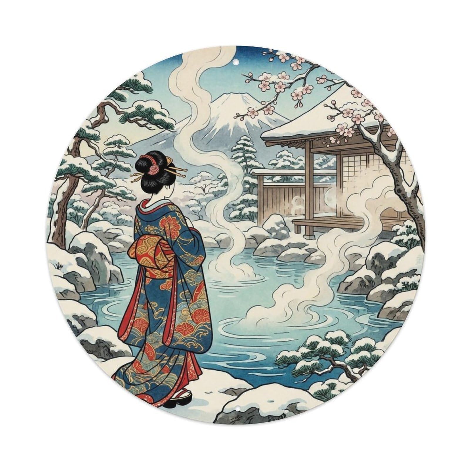 Yrnq 8X8inch Vintage Style Japanese Geisha Hot Spring Snow Scenery Observing Metal Tin Sign