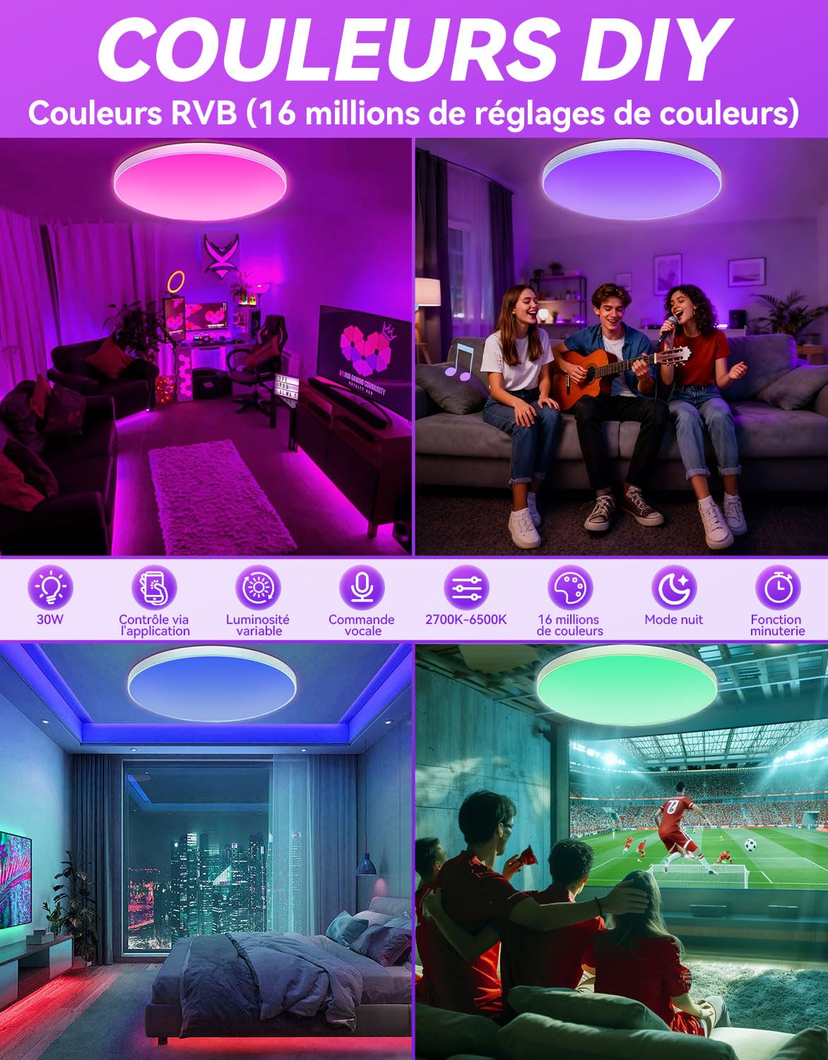 led plafonnier connecté compatible Alexa 30W plafonnier led chambre 16 millions couleurs plafonnier led dimmable , lampe connectée alexa Couleurs DIY 2700K-6500K Contrôle APP salon, coucher, cuisine