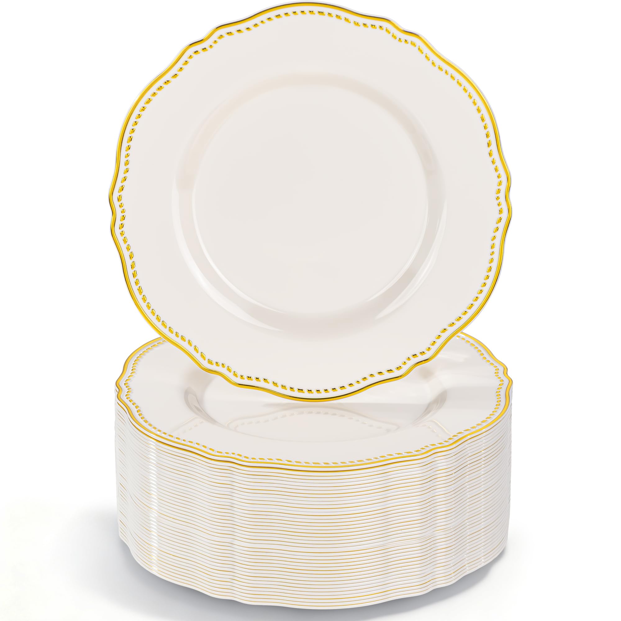 Photo 1 of Hioasis 60PCS Ivory Plastic Plates - Ivory and Gold Disposable Dinnerware with Gold Rim, Heavy-duty, 7 inch, Dessert Plates for Party & Wedding