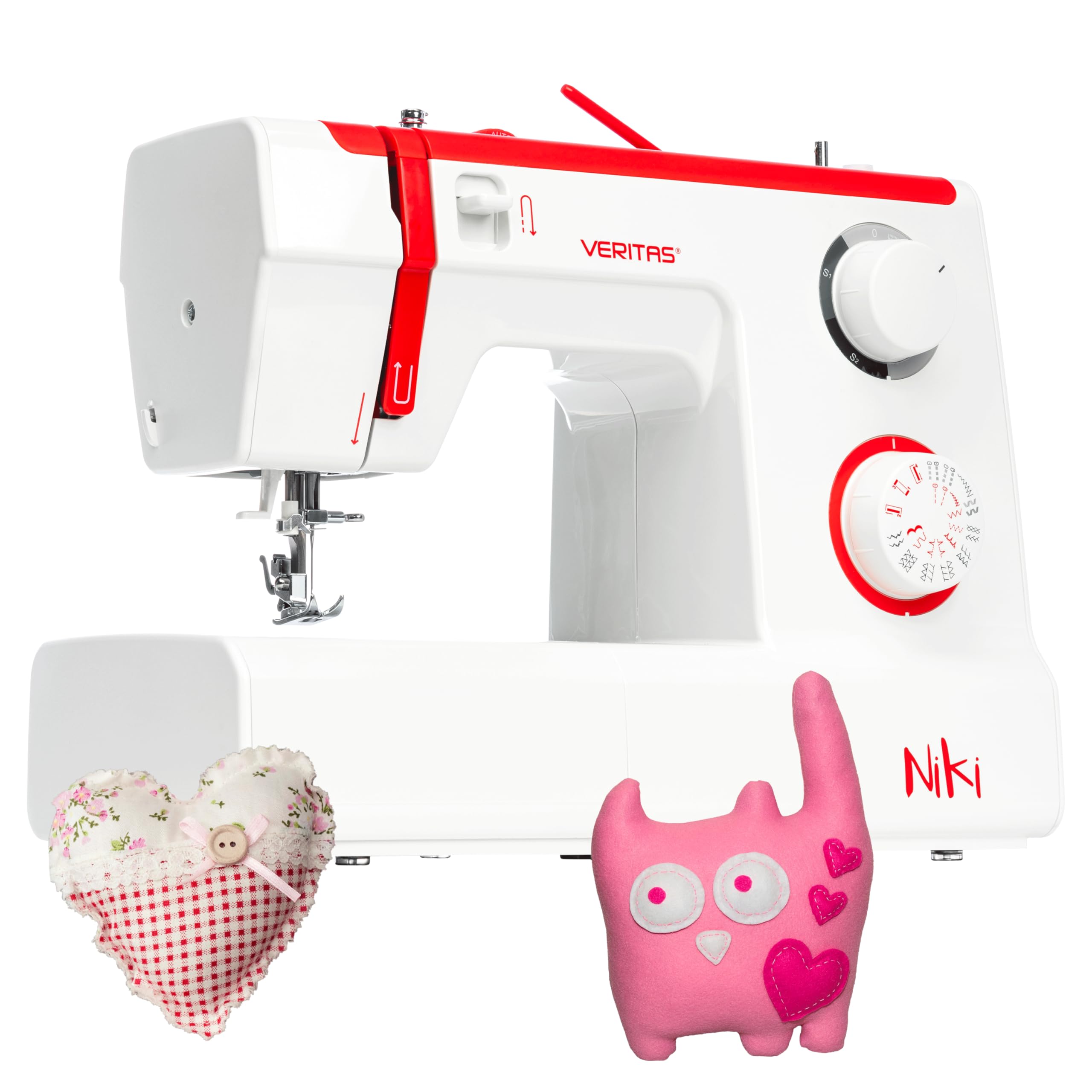 VERITAS Máquina de coser Niki I 23 programas de costura I Ayuda para enhebrar I Tensión automática del hilo & Cortador de hilo I Longitud del punto ajustable I Luz LED para coser (blanco-rojo)