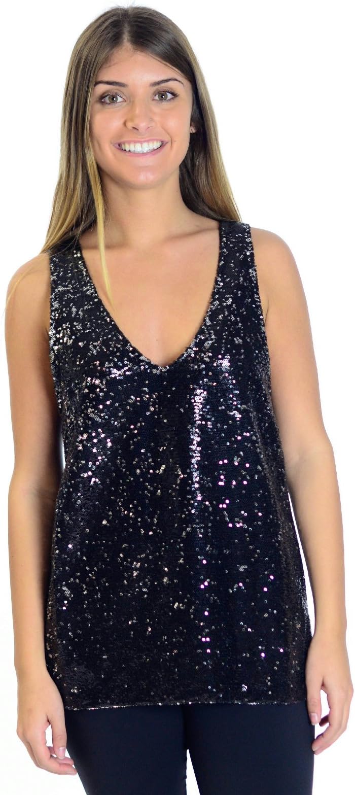 BB DAKOTA Women's Jocelyn All Over Sequin V-Neck Shell Top
