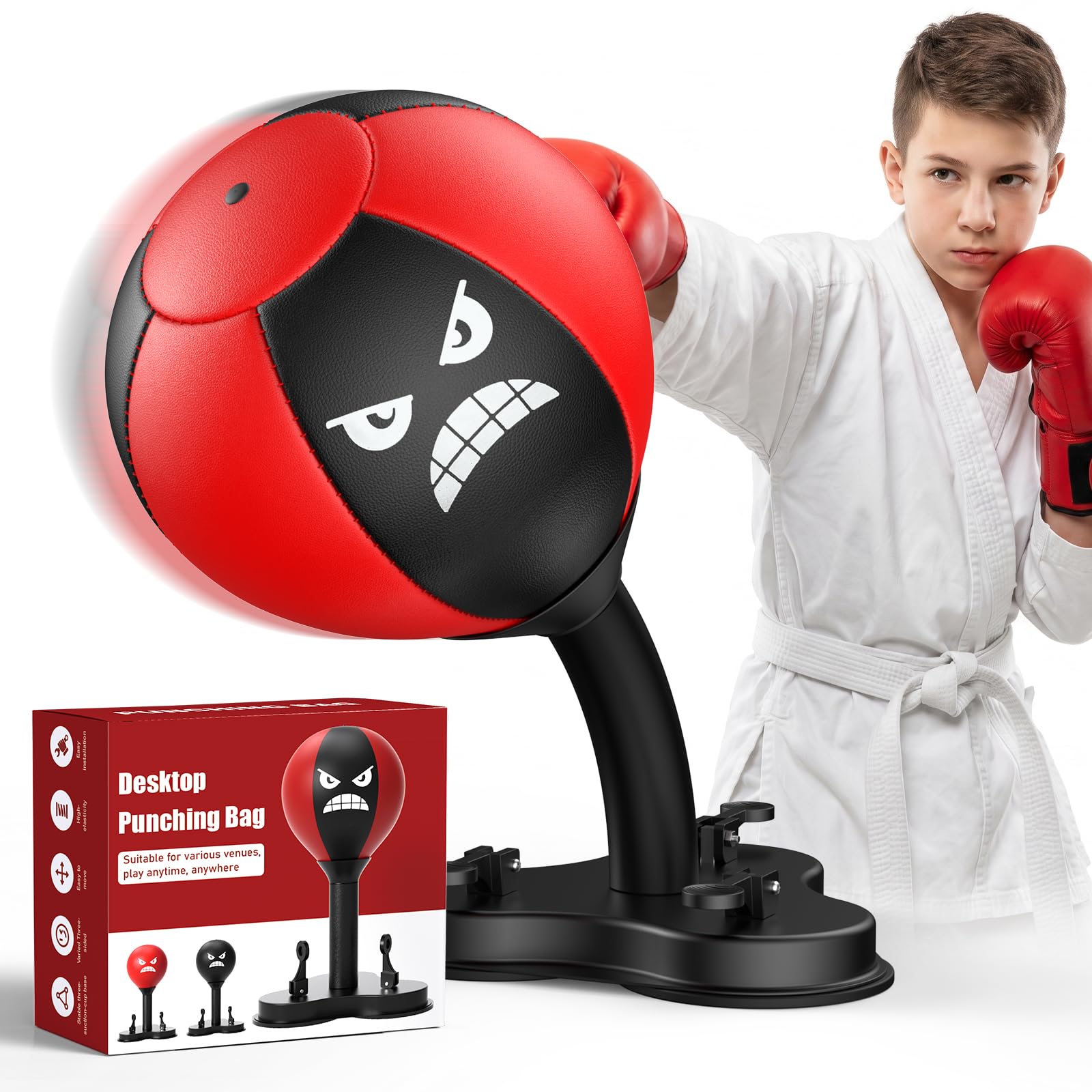 Desktop Punching Bag, Speed Ball for Stress Relief & Reflex Training, Boxing Bag with Super Strong Spring Flexibility & Strong Suction Cup for Office Desk, Home Gym, for Kids(red/black)