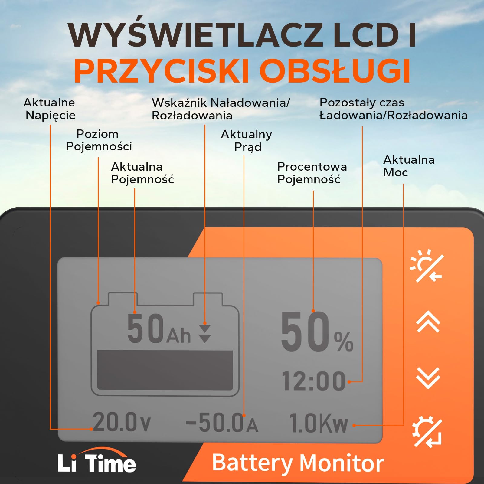 LiTime Miernik Poziomu Naładowania Akumulatora z Bocznikiem, Miernik Poziomu Naładowania Akumulatora 500A 8V-120V Podświetlanym Ekranem LCD, Alarmem Dźwiękowym dla Kamperów Motocykli Wózków Golfowych