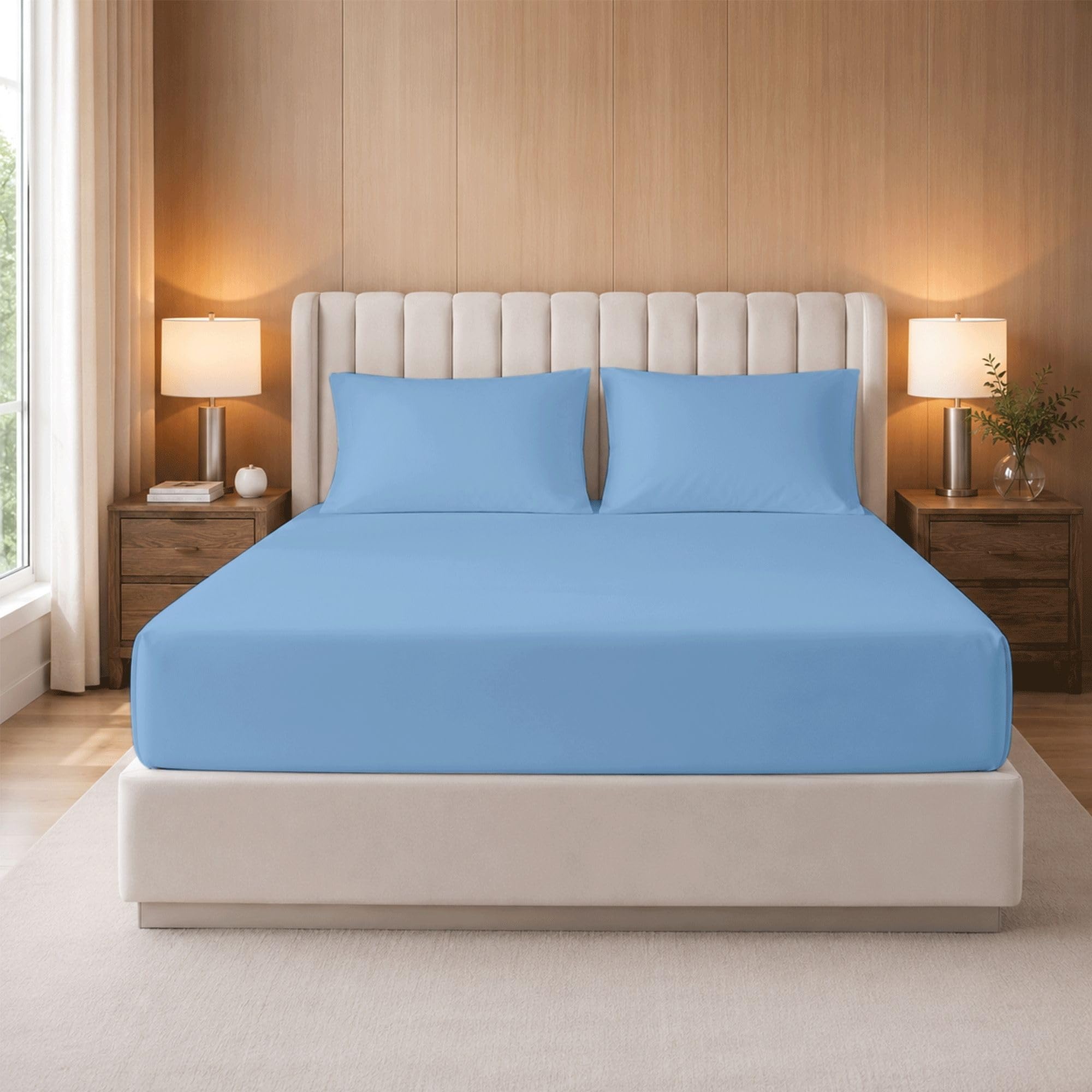 BloomBedding 100% Egyptian Cotton 400 Thread Count King Size 3PC Fitted Sheet - 35cm Deep Pocket - Skin Safe, Hypoallergenic & Soft With Resilient Elastic Corners For Secure Fit - Pillowcases 2Pack