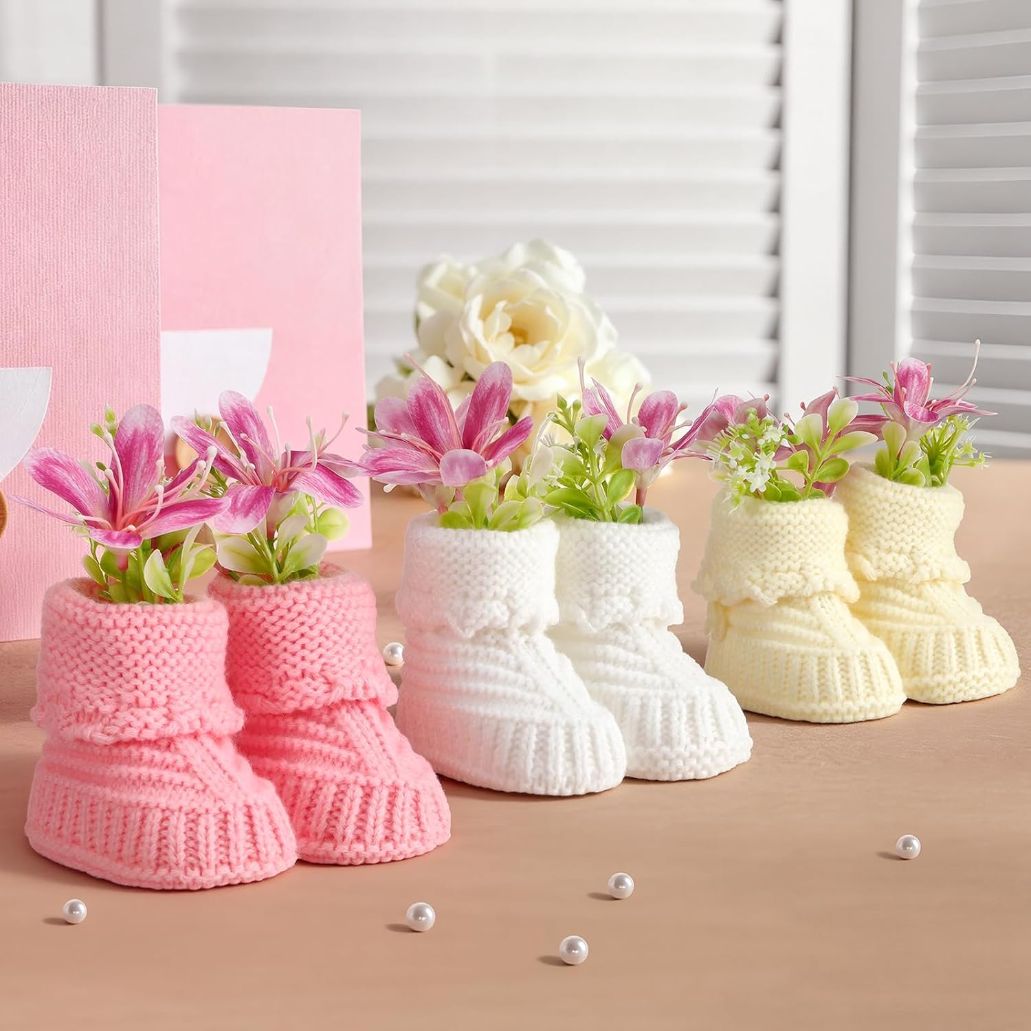 Chicingyou 3 Set Baby Shower Table Decorations Crochet Knitted Baby Booties Bulk with Dried Pampas Grass Bouquet Boho Table Centerpieces Gender Reveal Party Decor