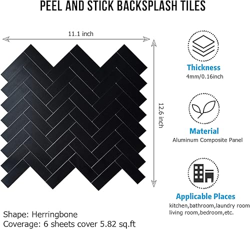 Miniatura 2 de HOMEART Azulejo negro de espiga para salpicaduras de cocina, adhesivo de aluminio para salpicaduras de cocina, azulejos de pared para baño (6 hojas)