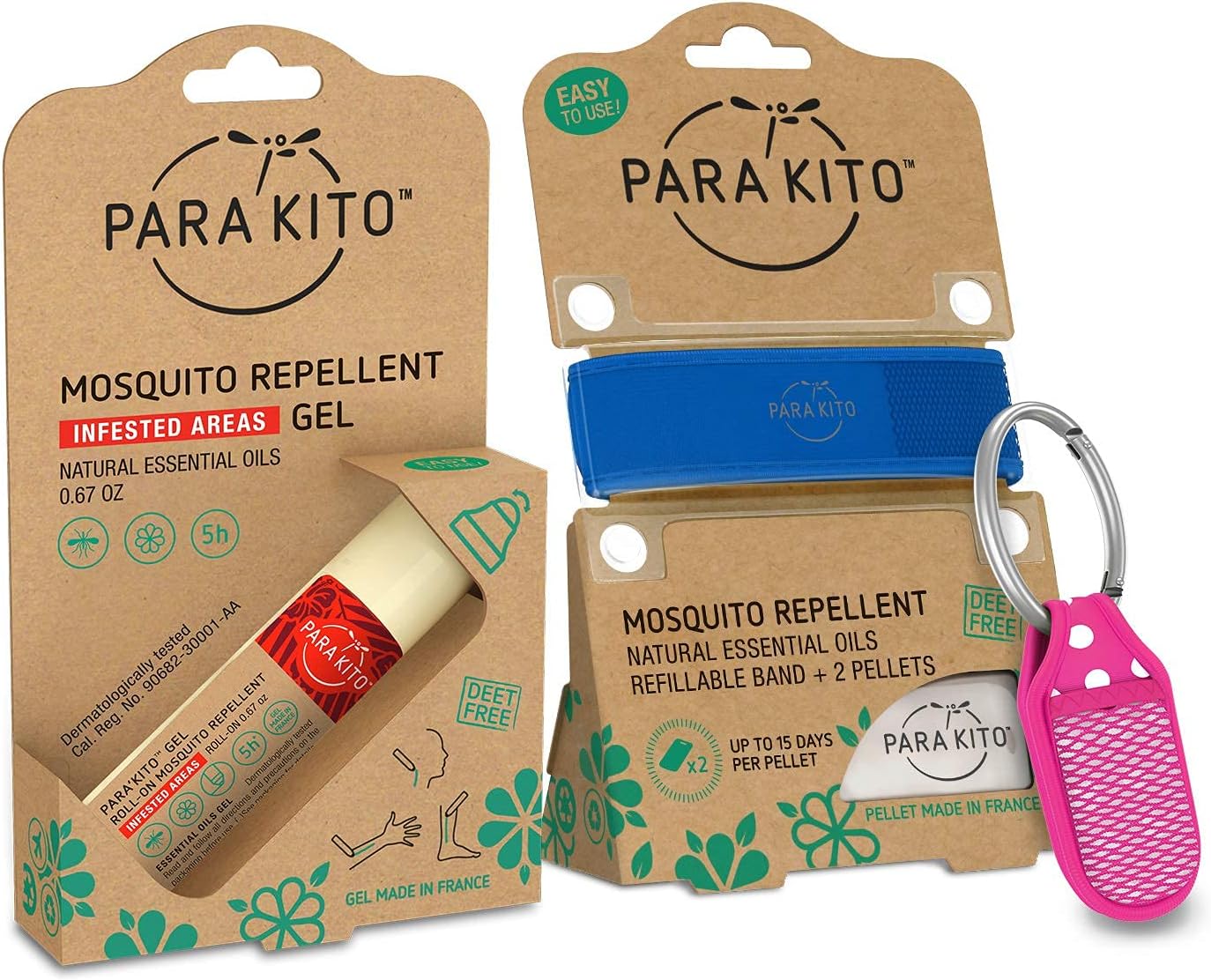PARA'KITO Mosquito Repellent Bundle - 1 Roll-on | 1 Wristband | 1 Clip (Roll-on + Blue + Pink)
