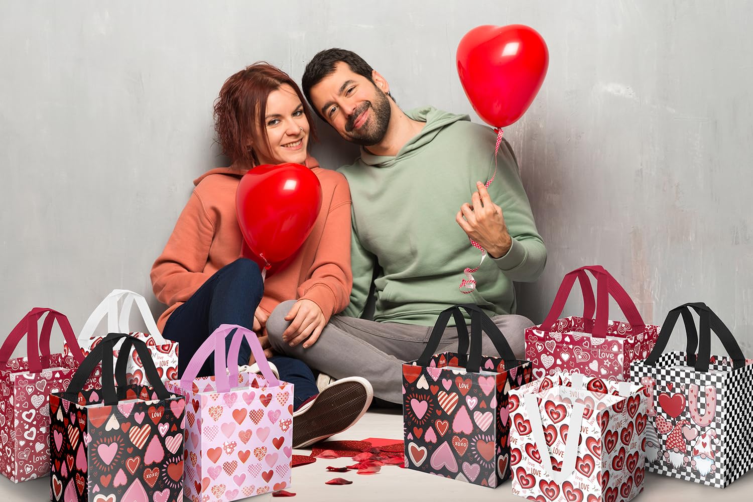 XiaosRen 10PCS Love Heart Valentine's Day Reusable Gift Bags, Non-Woven Valentines Tote Bags with Handles for Presents Wrapping, Kids Valentine Party Favor.