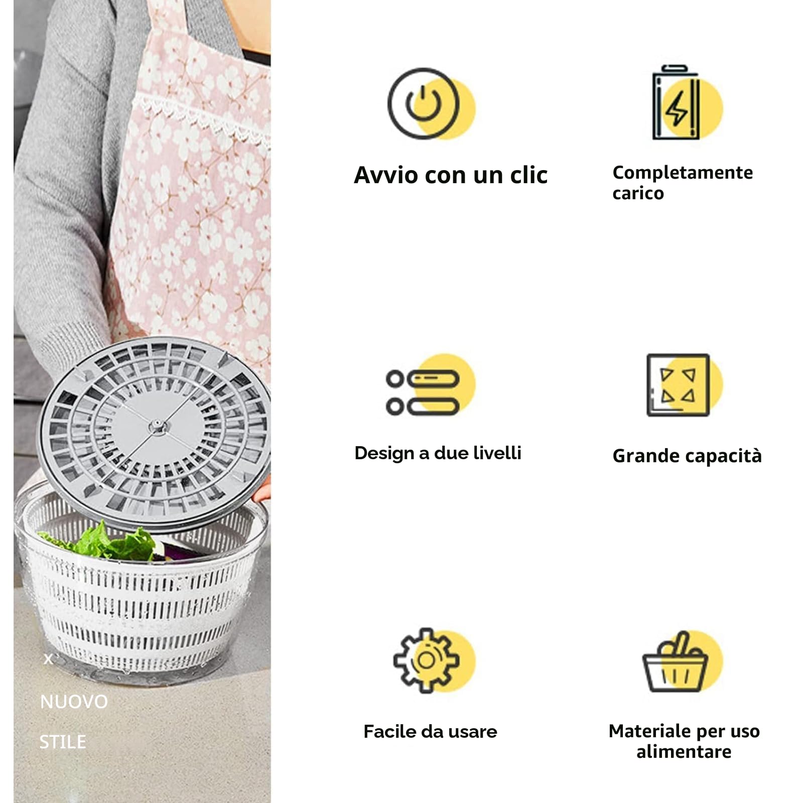 Centrifuga Automatica per Insalata, USB, Senza Fili, 4000 ml, per Frutta, Verdura, insalatiera, per servire, drenaggio rapido, Aiuto da Cucina in Colori alla Moda, Lunga disponibilità, Argento