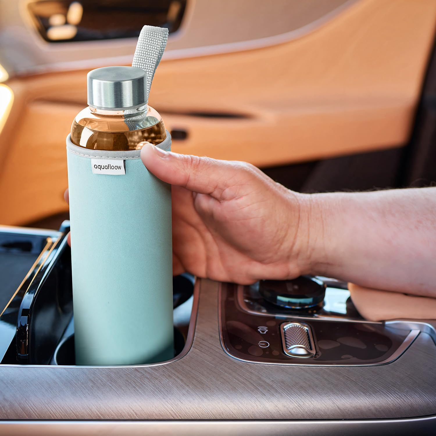Glass Water Bottle 700 ml with Neoprene Case, Transparent Glass Drinking Bottle with Bamboo Lid Ideal Bottle for Office, Outdoor, School, Carbonated Drinks - Light Blue