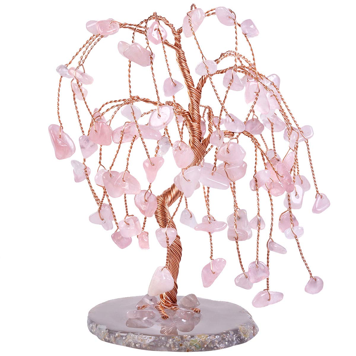 NupuyaiRose Quartz Crystal Tree for Home, Fengshui Bonsai Money Tree Wealth and Good Luck Office Decor, Agate Slice Base