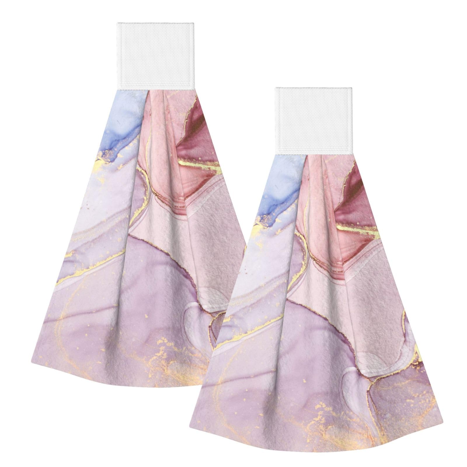 DOPKLNA Purple And Gold Marble Printed, 2 Pcs Hanging Coral Fiber Hand Towels for Bathroom, Absorbent Kitchen Towels