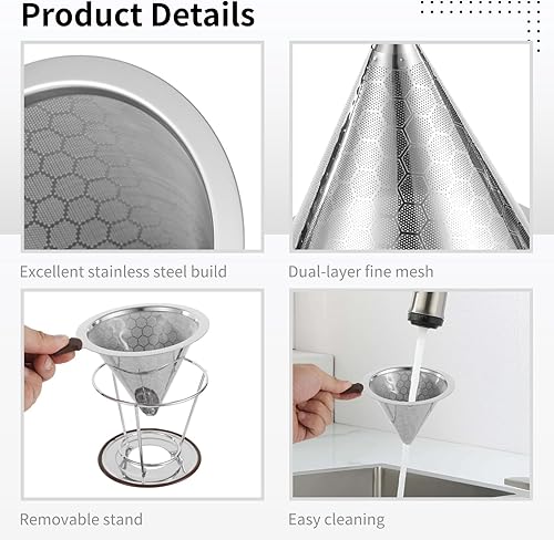 Miniatura 5 de OMISTAR Gotero de café de acero inoxidable con soporte extraíble, filtro de café de doble capa, fácil de limpiar, filtro reutilizable sin papel para