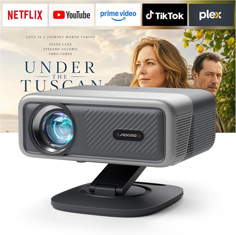 [Now with Netflix & 4700 ANSI] 4K Projector with WiFi and Bluetooth,TOF Real-Time Auto Focus Overhead Projector, AuKing Outdoor Movie Home Proyector with Omni-Adjustable Stand(grey)