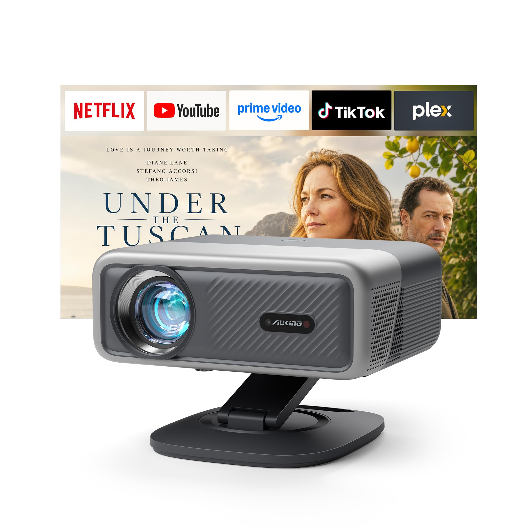 [5000 ANSI &amp; 70W Dolby Audio] Smart Projector with WiFi and Bluetooth,TOF Real-Time Auto Focus Projector, AuKing Outdoor Movie Home Proyector with Omni-Adjustable Stand(silver grey)
