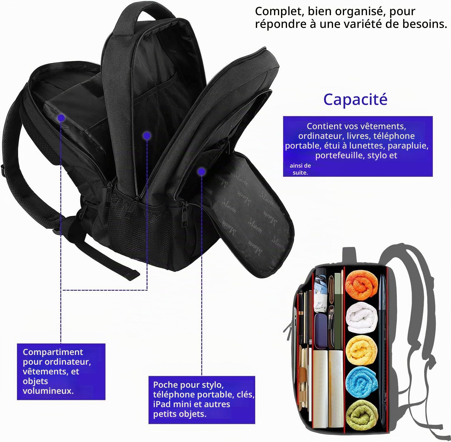 MATEIN Sac à Dos Ordinateur Portable 15.6 Pouces, Imperméable Antivol pour Travail Collège, Noir
