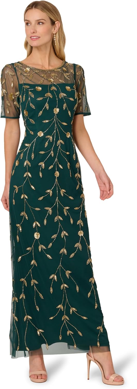 Adrianna Papell Womens Bead Mesh Long Dress