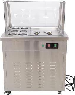 Stainless Steel Fried Ice Cream Maker Machine Commercial Rolled Icecream Maker Electric Single Square Pan Fried Yogurt Cream Machine with 6 Buckets, Lamp and Dust Cover 110V
