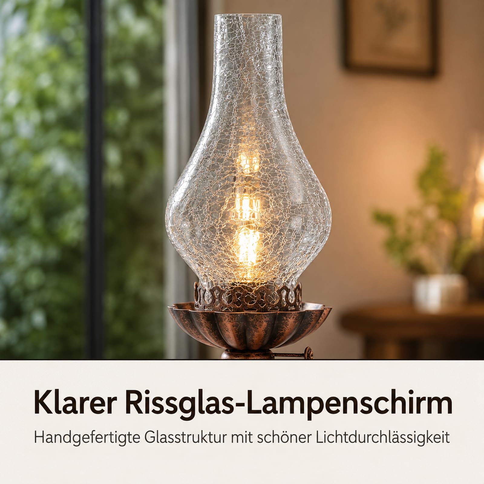 LANMOU Tischlampe Vintage im Petroleumlook, Riss Glas Schirm | E27 Elektrische Retro Petroleumlampe Nostalgische Nachttischlampe im Öllampen-Design, 110 - 240 V, H 40cm