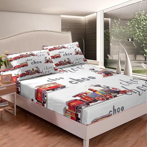 Miniatura 2 de Juego de sábanas bajeras de tren para niños, ropa de cama de tractor, para niños, decoración de dormitorio, caricatura, acuarela, sin parte